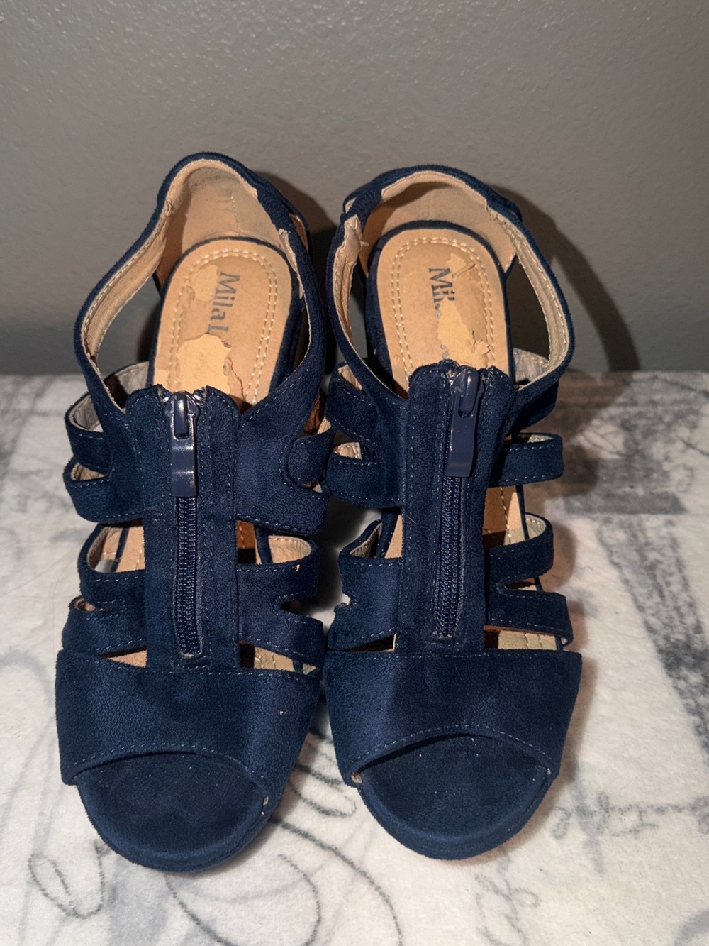 MIA Navy Suede Strappy Front-Zip Heeled Sandals